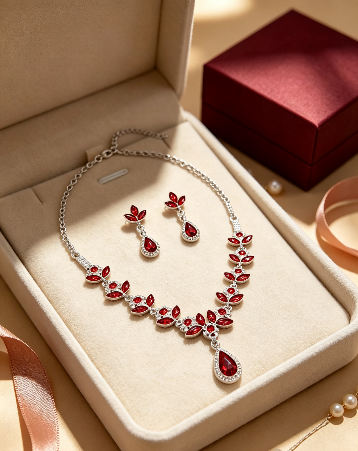 Red Floral Pendant Necklace & Earrings Set