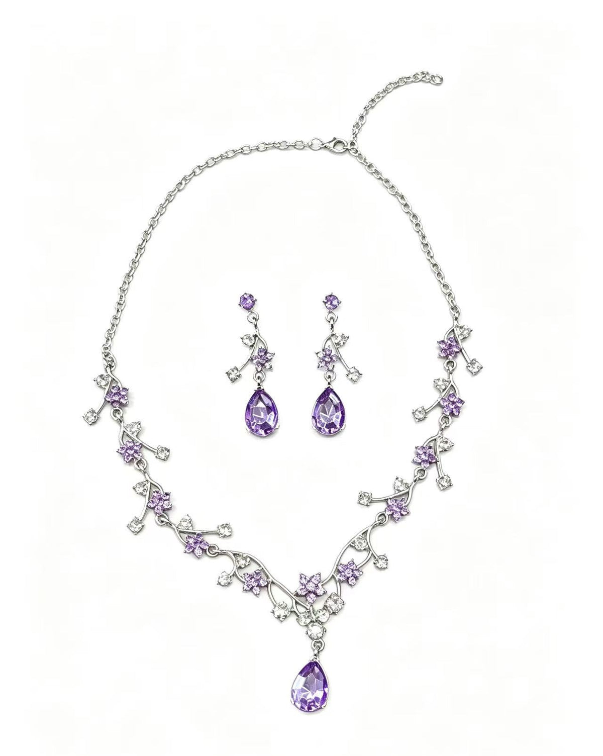 Purple Floral Drop Necklace & Earrings Set