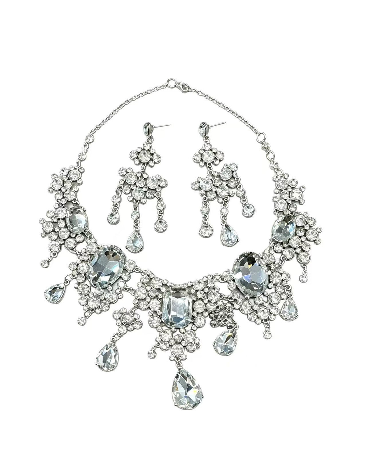 Silver-Tone Floral Chandelier Necklace & Earrings Set