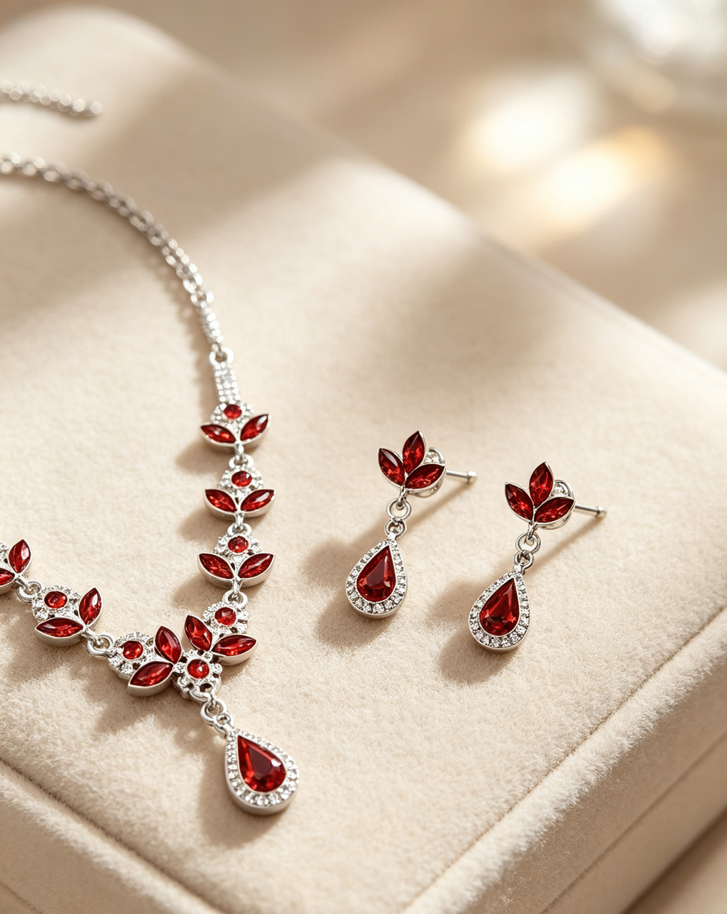 Red Floral Pendant Necklace & Earrings Set
