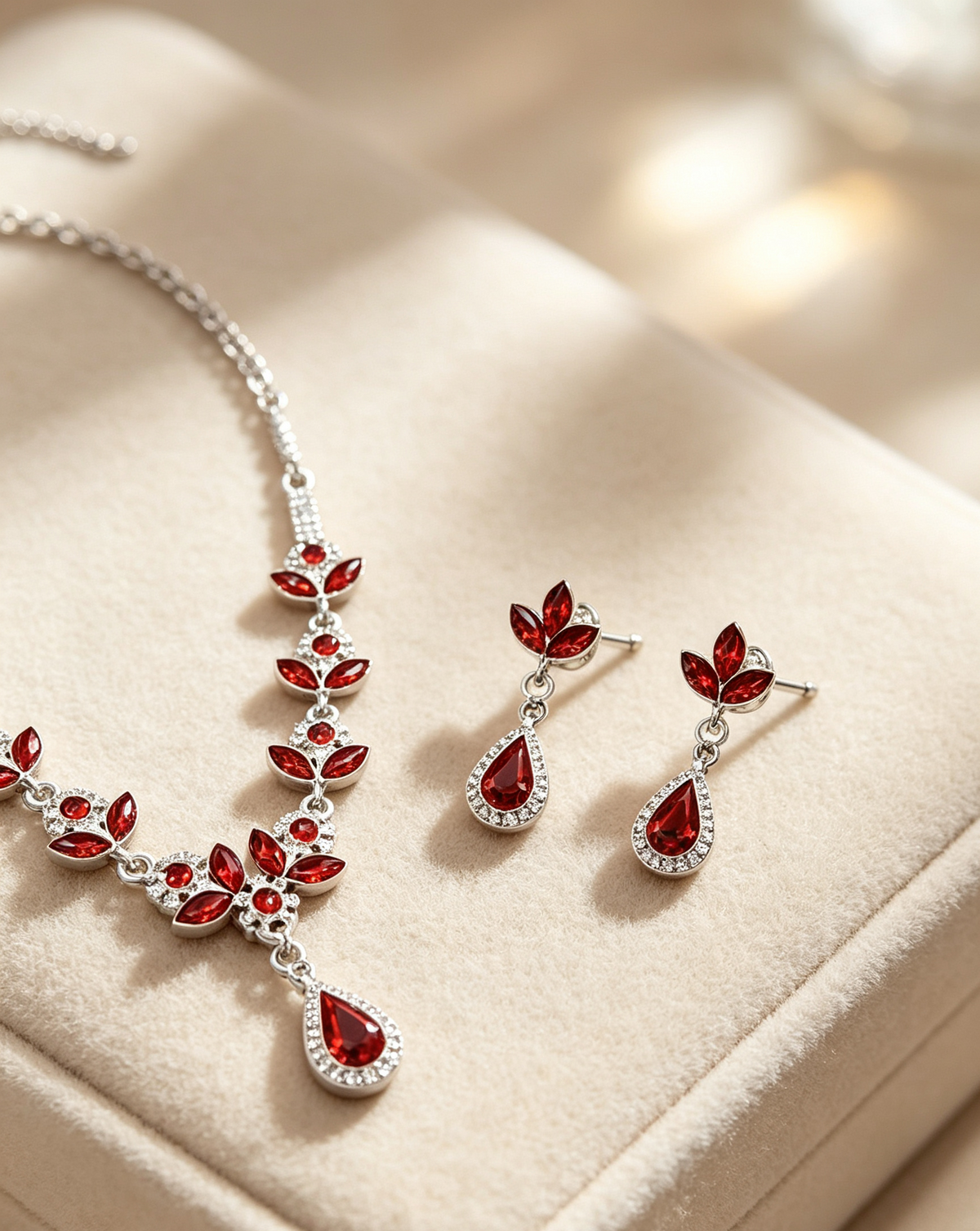 Red Floral Pendant Necklace & Earrings Set