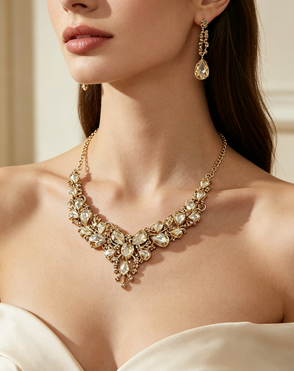Gold-Tone Crystal Floral Drop Necklace & Earrings Set