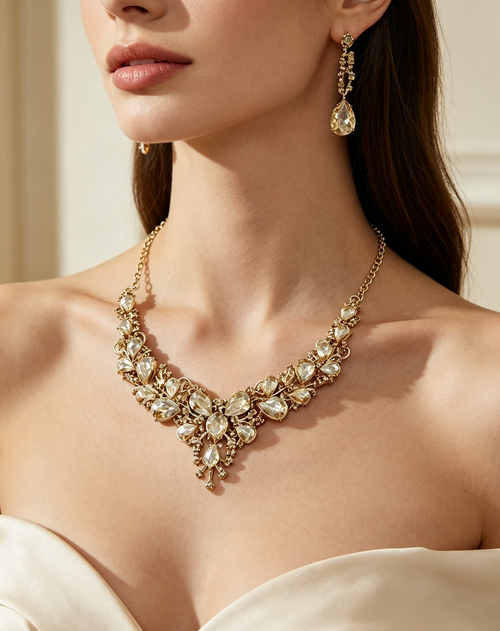 Gold-Tone Crystal Floral Drop Necklace & Earrings Set