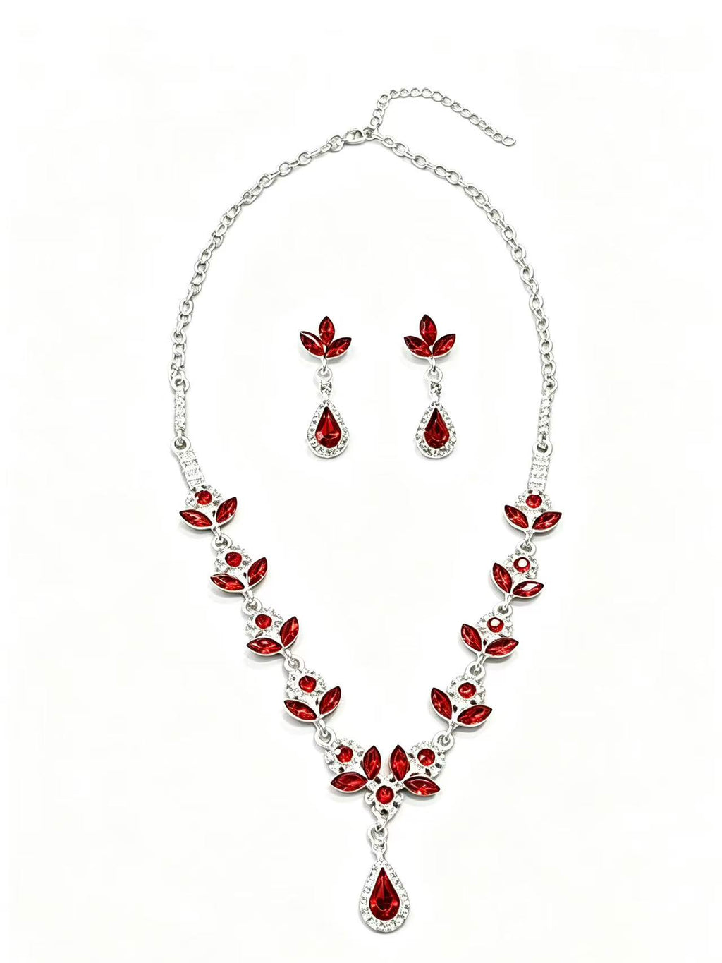 Red Floral Pendant Necklace & Earrings Set