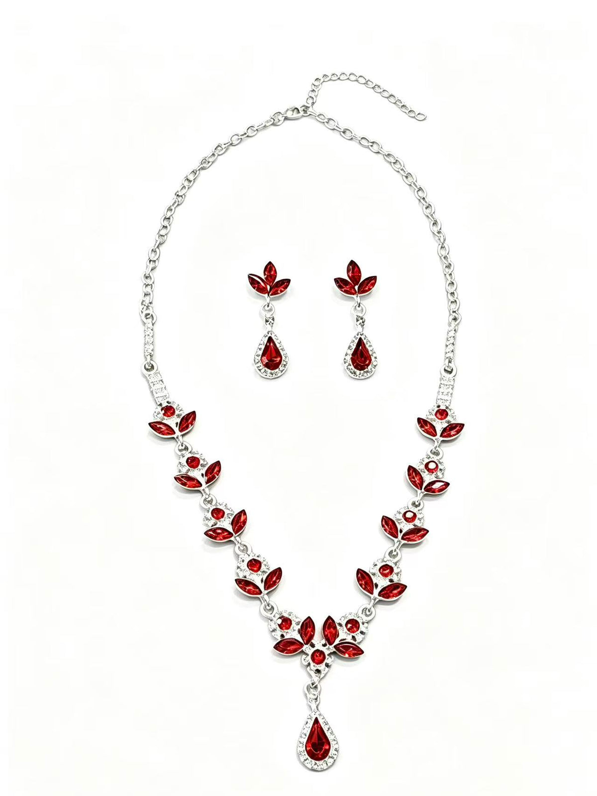 Red Floral Pendant Necklace & Earrings Set